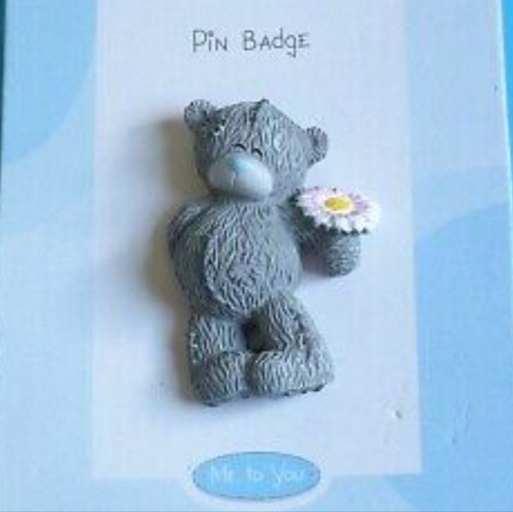 Cute Gray Bear Pin with Flower